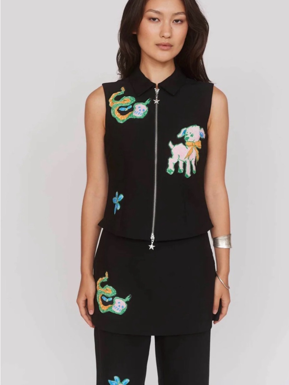 Lazy Oaf Black Sleeveless Zip Front Top with Pink Lamb & Multicolor Patches